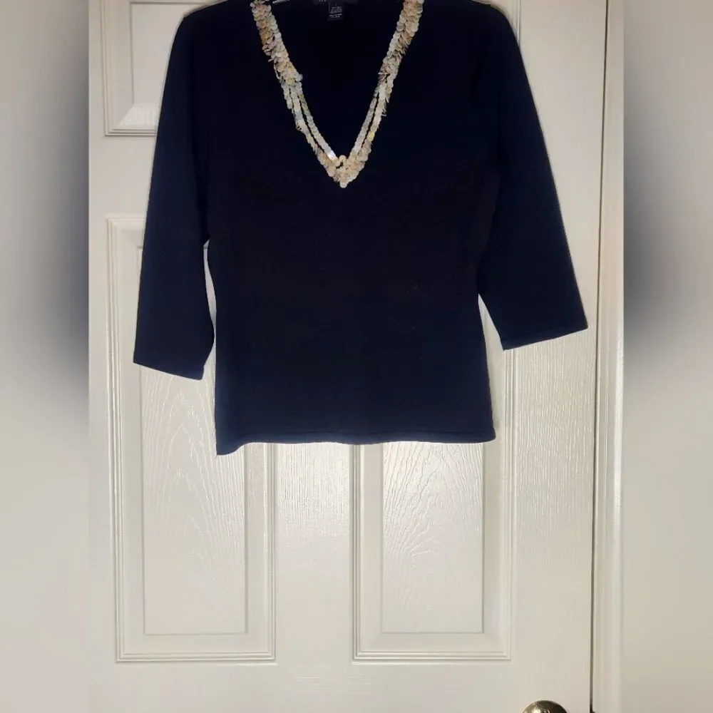 INC LP Black V-Neck Top with Beaded Necklace 3/4Slv SILK Blend Women Top Sweater